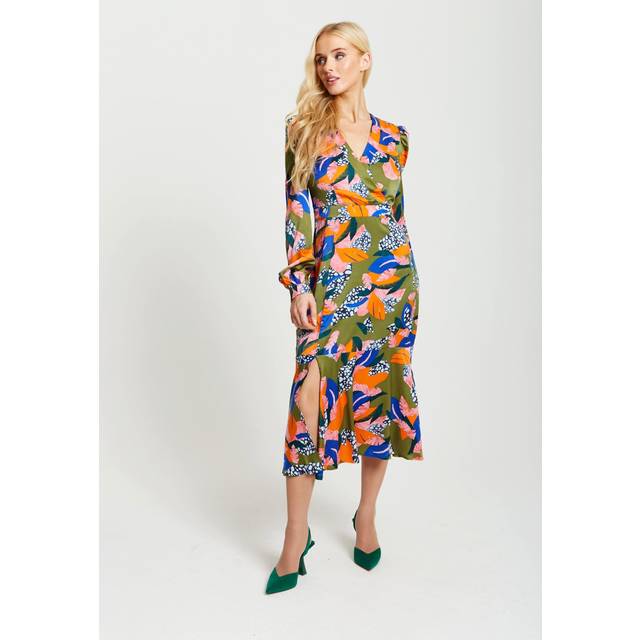 Womens Abstract Leaf Print Midi Dress In Olive - Multi - 14
