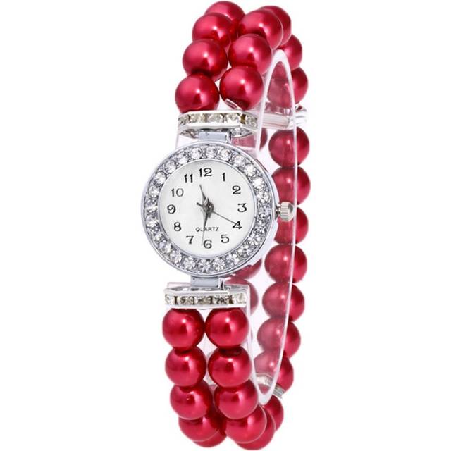 2 Pcs Fashion Women watch clock women Casual WristWatches Pearl beaded bracelet Watches Strap Quartz Wrist Watch - Green