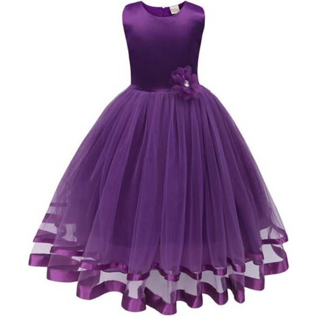 (Purple, 140cm-7 Years) Flower Girls Ball Kids Gown Dress Wedding Princess Bridesmaid Party Prom birthda