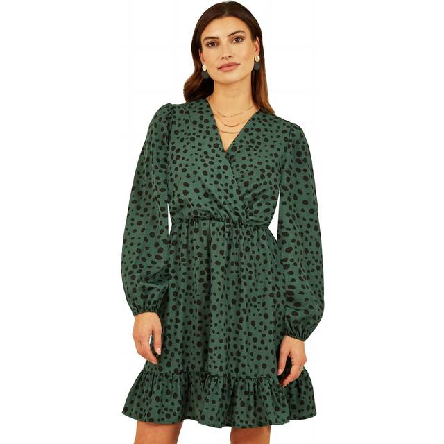 Mela Green Dalmatian Print Long Sleeve Wrap Over Midi Dress - Size 10 UK - Mela