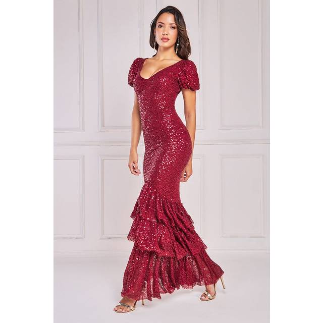 Puff Sleeve Tiered Hem Maxi Dress - Wine by Goddiva - 16