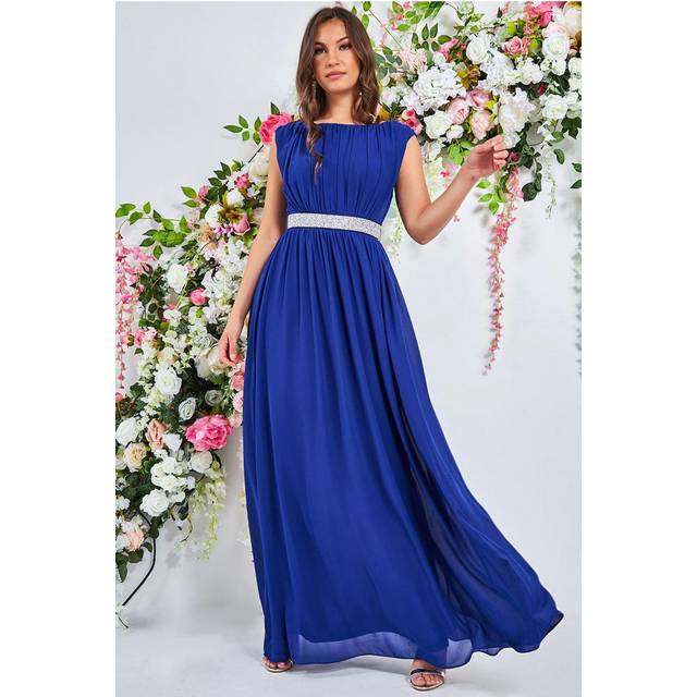Goddiva Chiffon Maxi With Embellished Belt - Royal Blue - RoyalBlue - 8