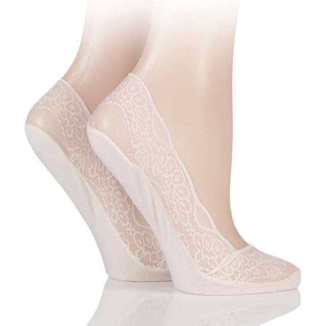 2 Pair Pink / Cream Lace Shoe Liner Socks with Grip Ladies 4-8 Ladies - Elle