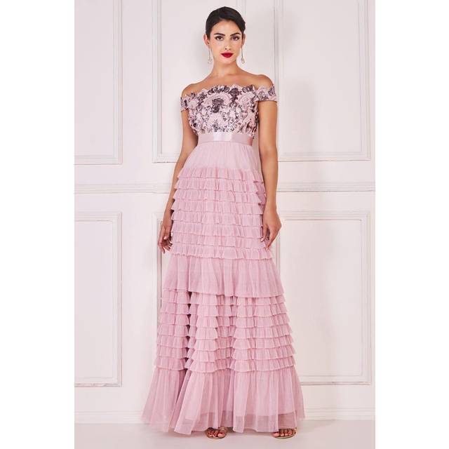 Scallop Bardot Ruffle Mesh Maxi - Blush by Goddiva - 16