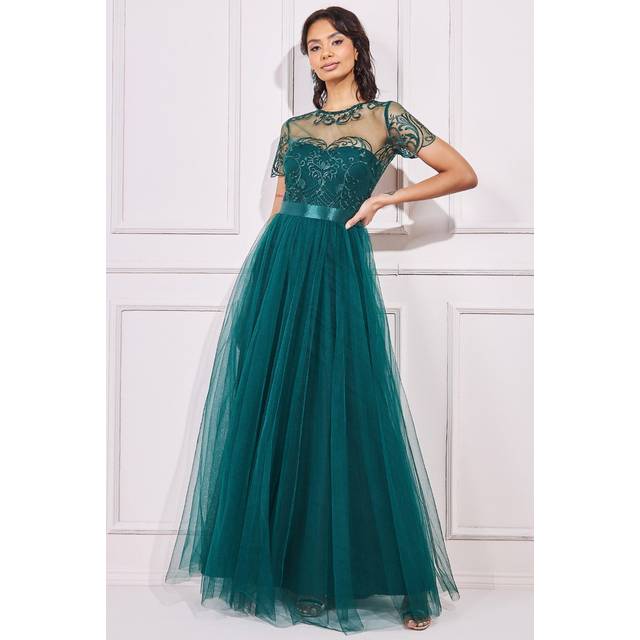 Embroidered Mesh Maxi Dress - Green - 12