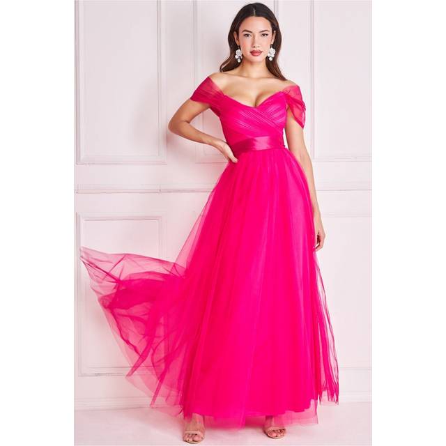 Off The Shoulder Princess Maxi Dress - Hot Pink by Goddiva - Hotpink - 12