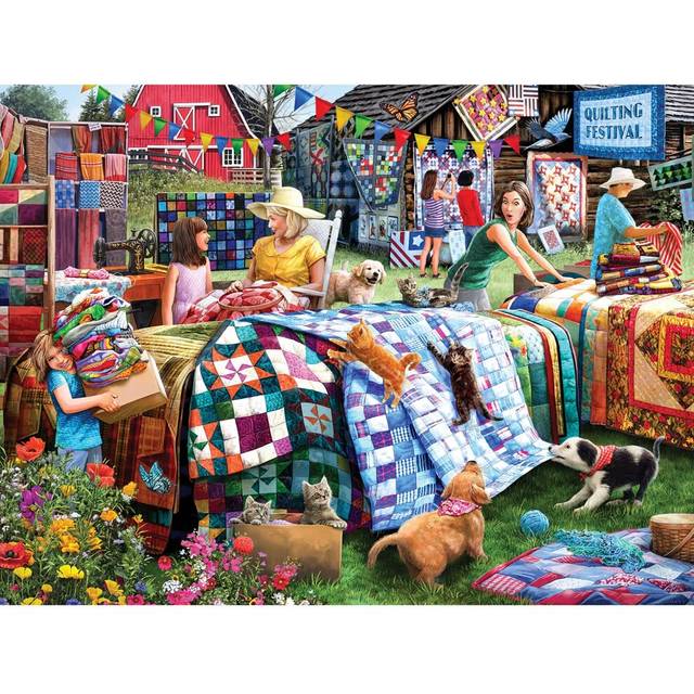 Bits and Pieces - 500 Piece Jigsaw Puzzle for Adults - Quilting Festival - Farm Cat Dog Kitten Puppy Family Quilt Blanket Flower Country Jigsaw P