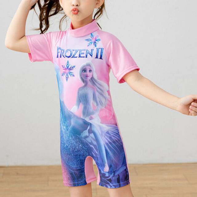 (#2 Pink Elsa, M(3-4 Years)) Girls One Piece Swimsuit Surf Suit Cartoon Print Swimwear Kids Swimming Costume