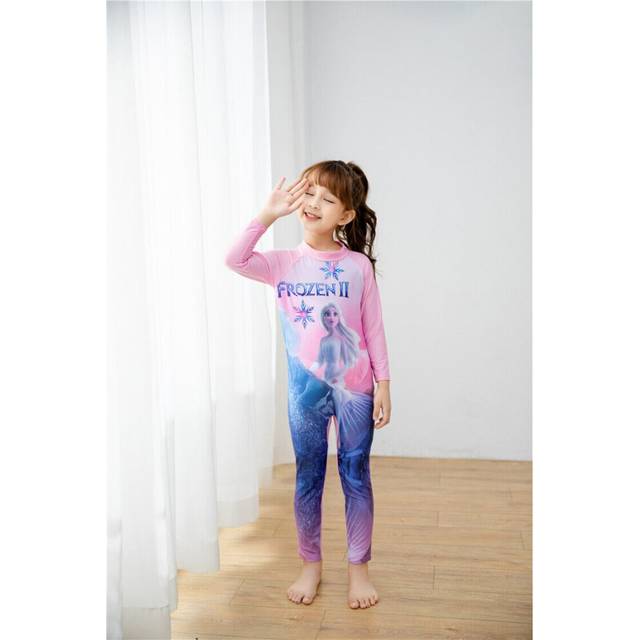 (#1 Pink Elsa-long sleeve, XL(7-8 Years)) Girls One Piece Swimsuit Surf Suit Cartoon Print Swimwear Kids Swimming Costume