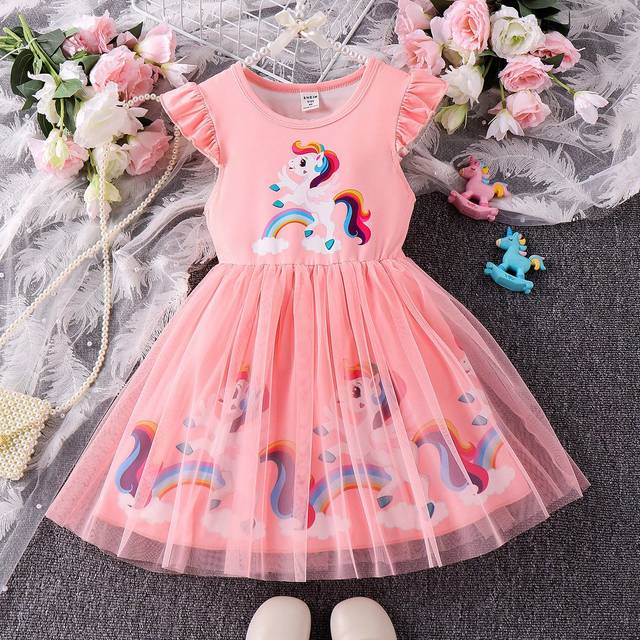 SHEIN Young Girl Cute Unicorn Printed Mesh Dress With Ruffle Hem For Spring And Autumn