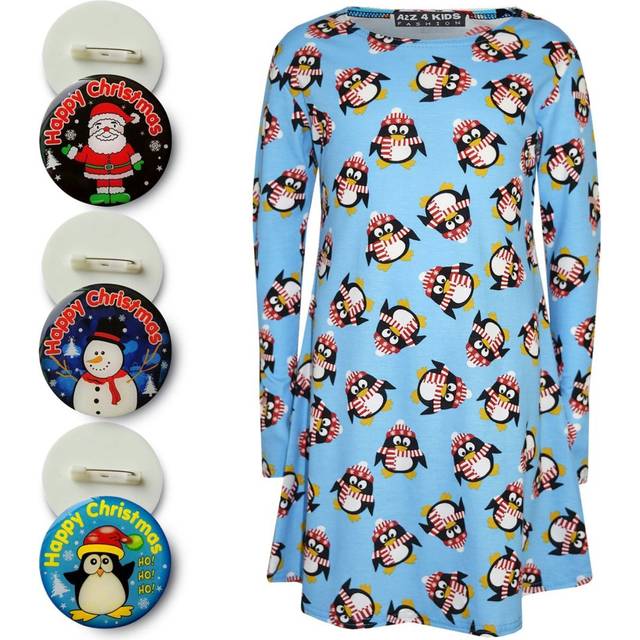 (3-4 Years) Girls Christmas Dress Kids Penguin Xmas Fashion Dresses With A Free Badge 3-13