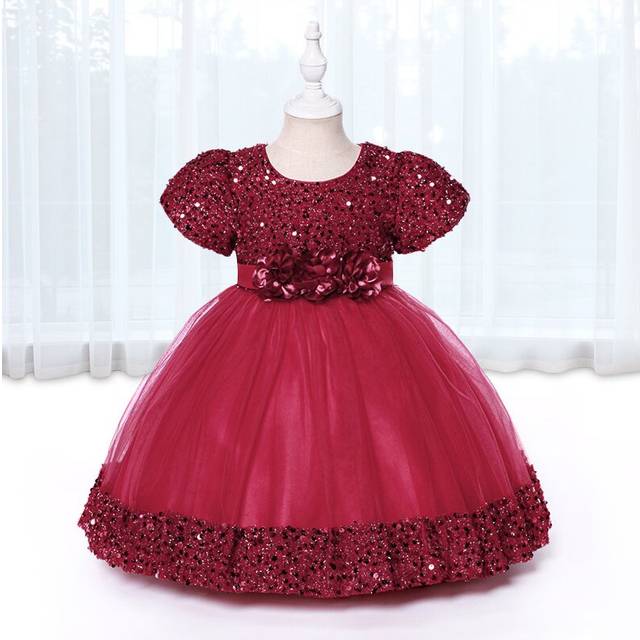 (Burgundy, 1-2 Years) Baby kids girls Bow flower princess dress UK STOCK