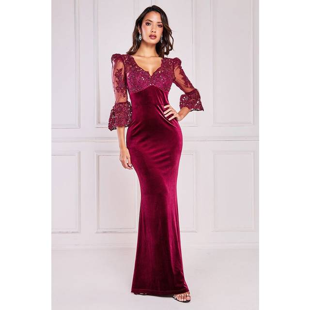 Goddiva Scalloped Lace & Velvet Maxi Dress - Burgundy - 18