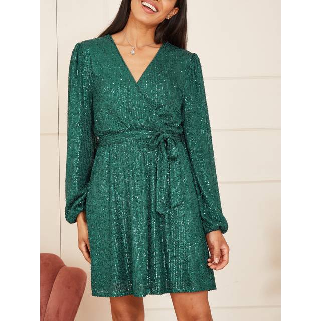 Mela London Womens Green Sequin Belted Wrap Long Sleeve Dress - Size 16 UK