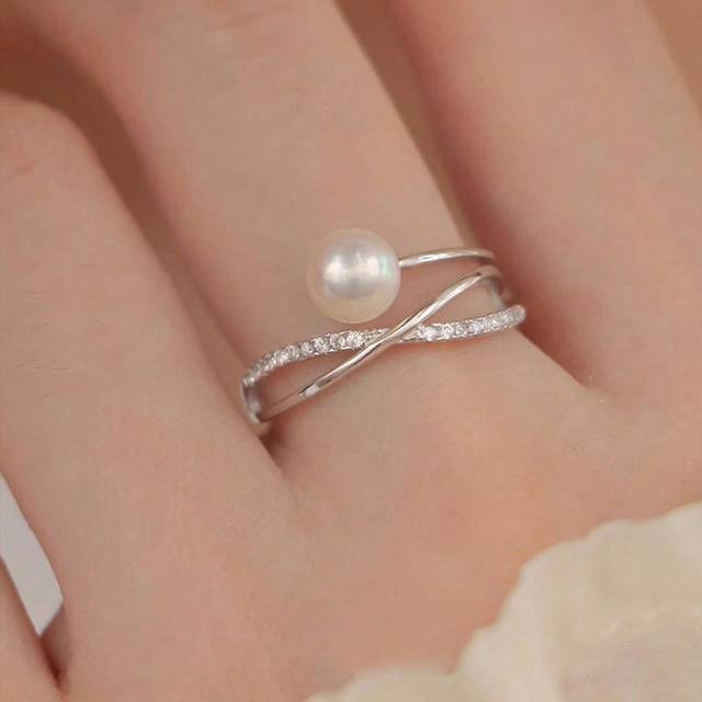 BALMORA 1pc Luxury Exquisite S925 Sterling Silver Set With Zirconia Cross Pearl Ring Open Rings For Mother&#39;s Day Gift For Girlfriend Gifts Idea