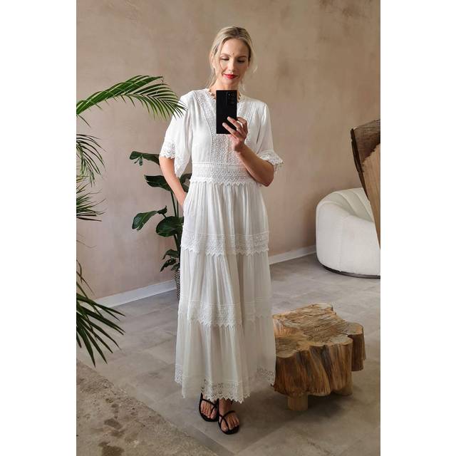 Izabel London Short Sleeve Crochet Maxi Dress - White - 14