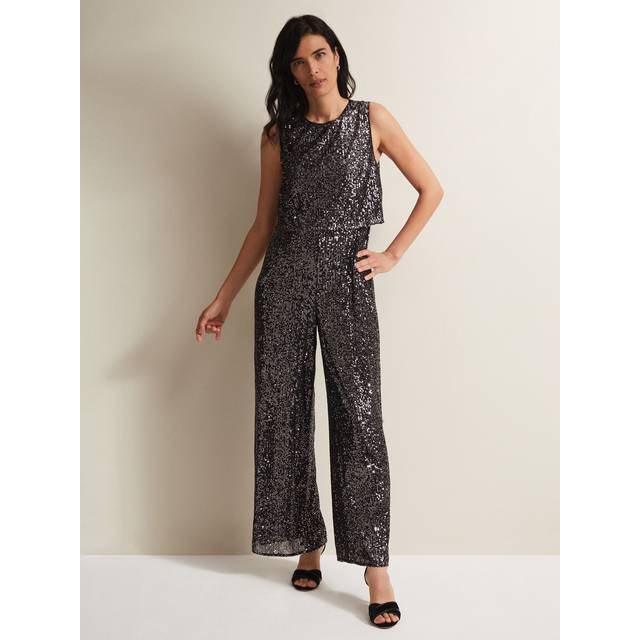 Phase Eight Women's Aubrey Sequin Wide Leg Jumpsuit - Gunmetal - 18