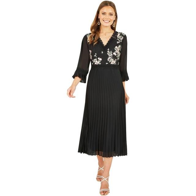 Yumi Womens Black Embroidered Panel Midi Dress With Pleats - Size 10 UK