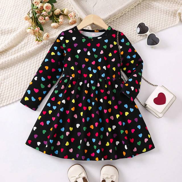 SHEIN Young Girl Colorful Polka Dot Round Neck Long Sleeve Dress, Suitable For Spring And Autumn, Outdoor Activities And Various Occasions, The Polka Dots A