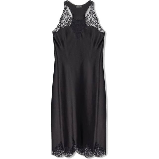 Balenciaga, Midi Dresses, female, Black, L, Satin Strappy Midi Dress Lace Trim