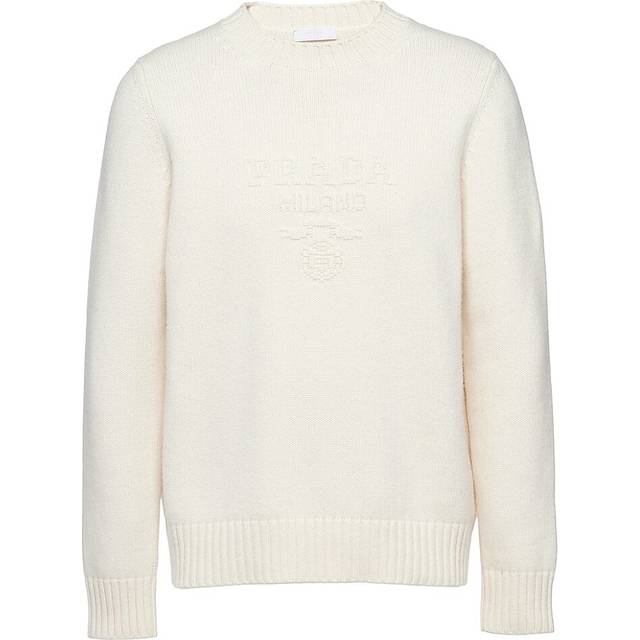 Prada Mens White Brand-embroidered Crewneck Wool and Cashmere-blend Jumper 44 - WHITE