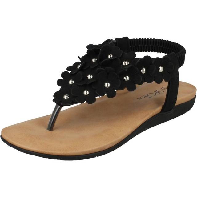 (UK 13 Child, Black) Girls Spot On Flat Flower Trim Toepost Sandals