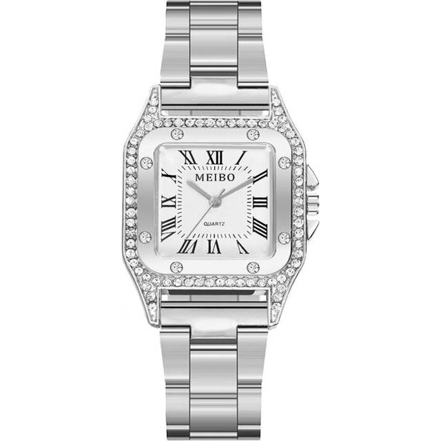 2 Pcs Square Dial Women Watches Stainless Steel Ladies Watch Roman Numerals Female Quartz Wrist Watch - Silver