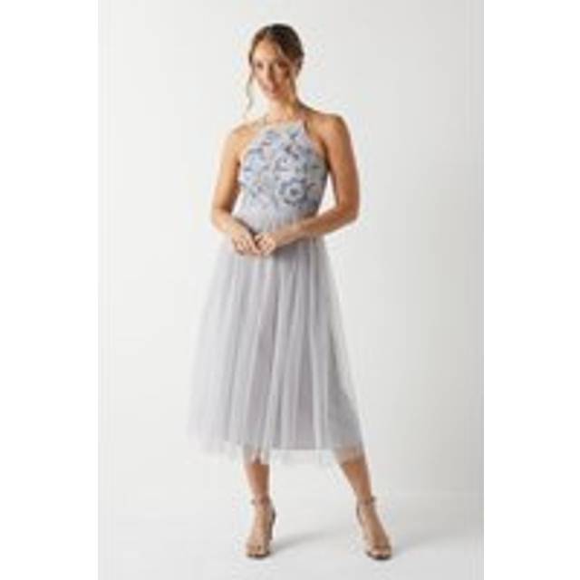 Floral Halterneck Embroidered Bodice Bridesmaid Maxi Dress - Grey Mist - 12