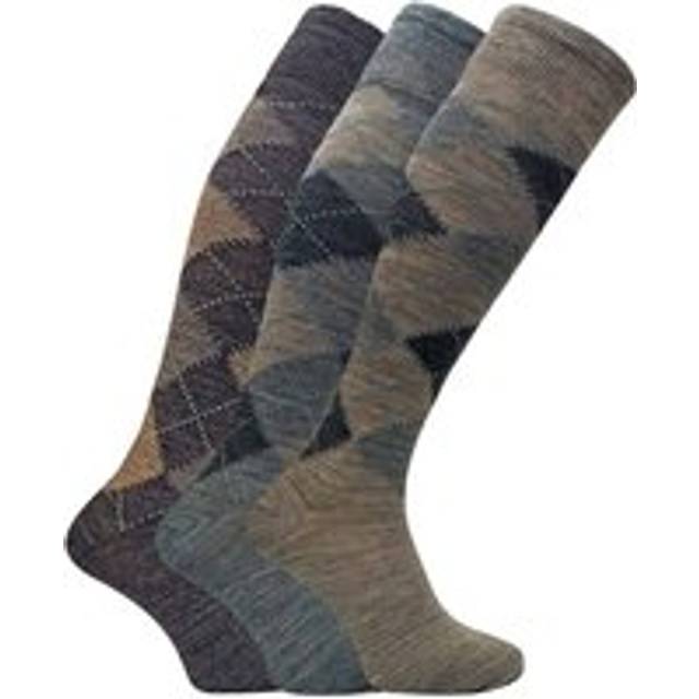(6-11 UK, Brown) 3 Pairs Mens Extra Long Knee High Argyle Lambs Wool Dress Socks
