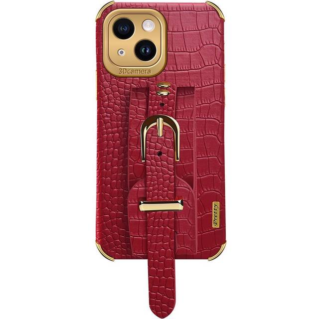 iPhone 14 Krokodilläder Skal med Inbyggd Rem - Röd