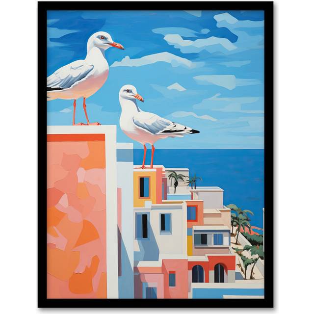 Wall Art Print Neighbourhood Watch Seaside Birds Living Room Framed - Blue - W12 inch x H16 inch