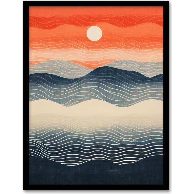 Wall Art Print Low Sun High Tide Blue Orange Seascape Living Room Framed - W12 inch x H16 inch