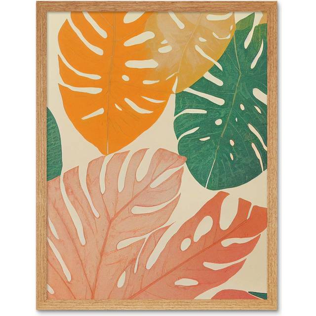 Wall Art Print Pastel Monstera Leaves Botanical Art Framed - W12 inch x H16 inch - Tan