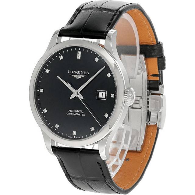 LONGINES Record AUTO 40MM Diamond Dial Leather Men's Watch L28214572 / L2.821.4.57.2 - Black - 40 mm