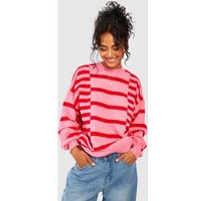 Womens Mixed Stripe Oversized Jumper - Pink - S, Pink