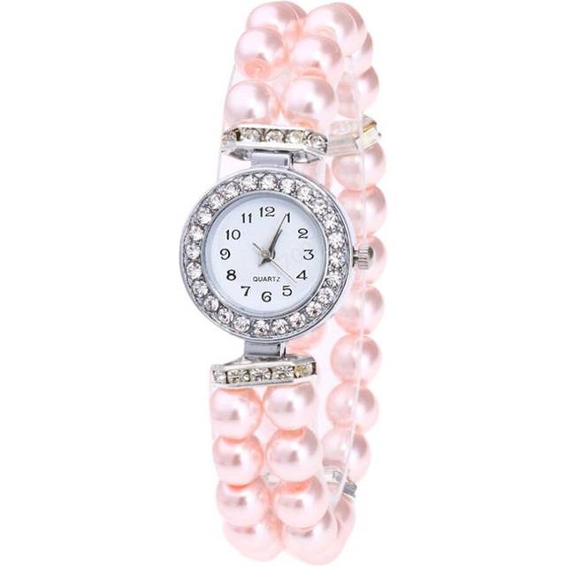 2 Pcs Women's watches Pearl String Bracelet Watch for women Fashion Quartz Wristwatch Ladies Girl Clock - White