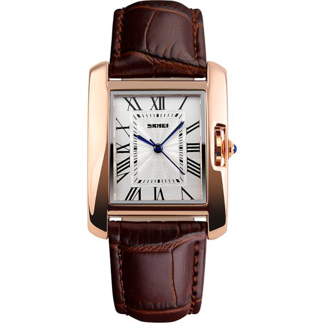 (Brown) Skmei Women&#39;s Watch Square Rose Gold Roman Numerals Genuine Leather Strap SK1085
