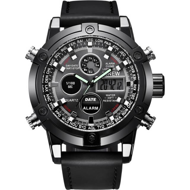Fashion Mens Watches Dual Movt Men's Leather Quarz Analog Digital Led Sport Wrist Watch Professional Casual Watch
