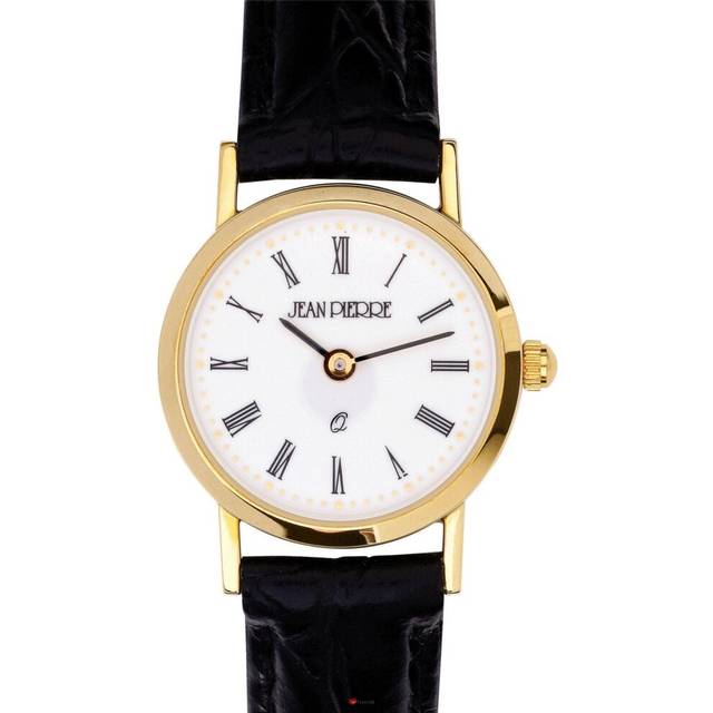 9ct Gold Ladies Wristwatch Roman Numerals Black Leather Strap