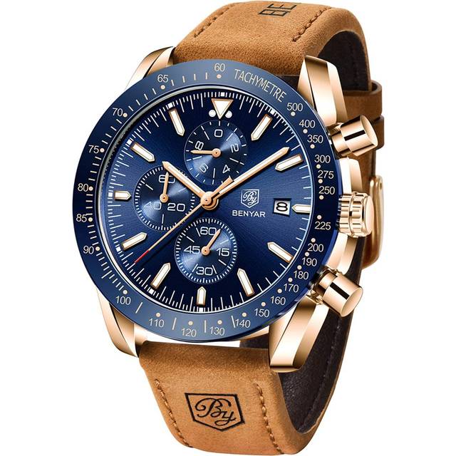 BENYAR Men's Watch Quartz Sports Chronograph Fashion Business Luxury Brand Waterproof Watch Analog Date Men's Brown Leather Watch for Men