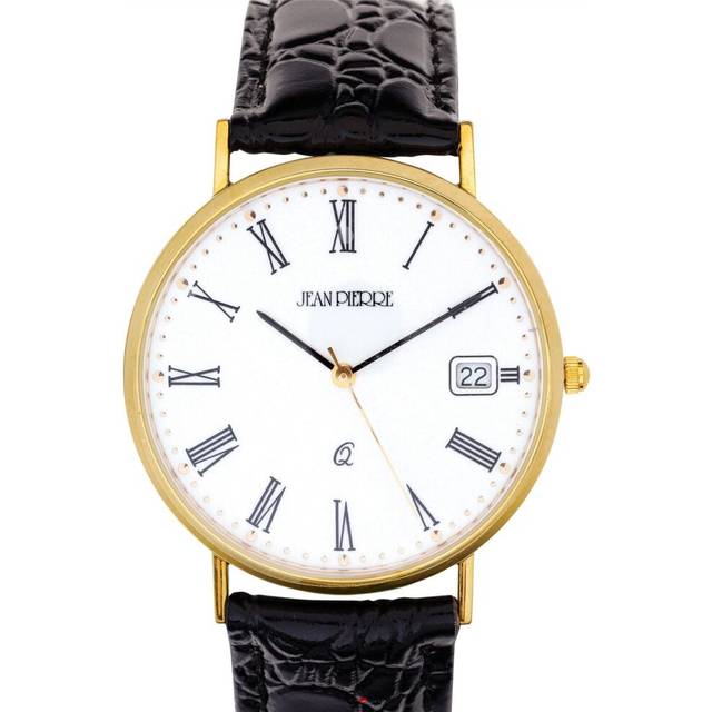 9ct Gold Gents Wristwatch Roman Numerals and Date Black Leather Strap