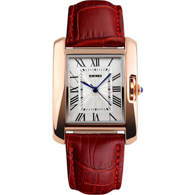 (Red) Skmei Women's Watch Square Rose Gold Roman Numerals Genuine Leather Strap SK1085
