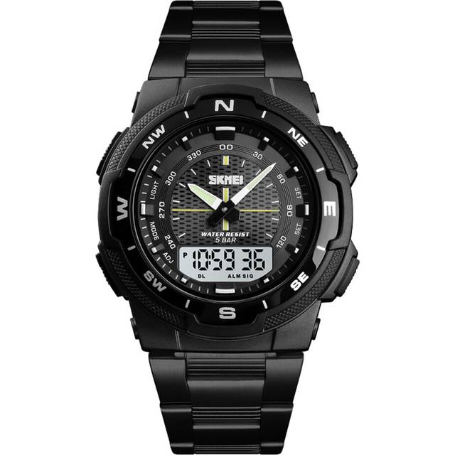 (Black) Skmei Large Display Silver Dual Time Digital And Analogue Watch Stopwatch Alarm Light Metal Strap