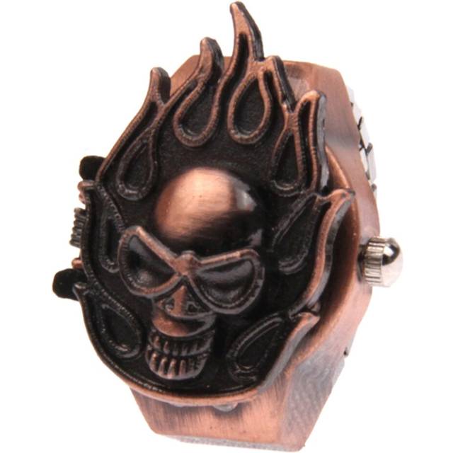 2PCS  Retro Finger Ring Design Quartz Watch with Skull Style Cover & Stretchy Band (Copper)