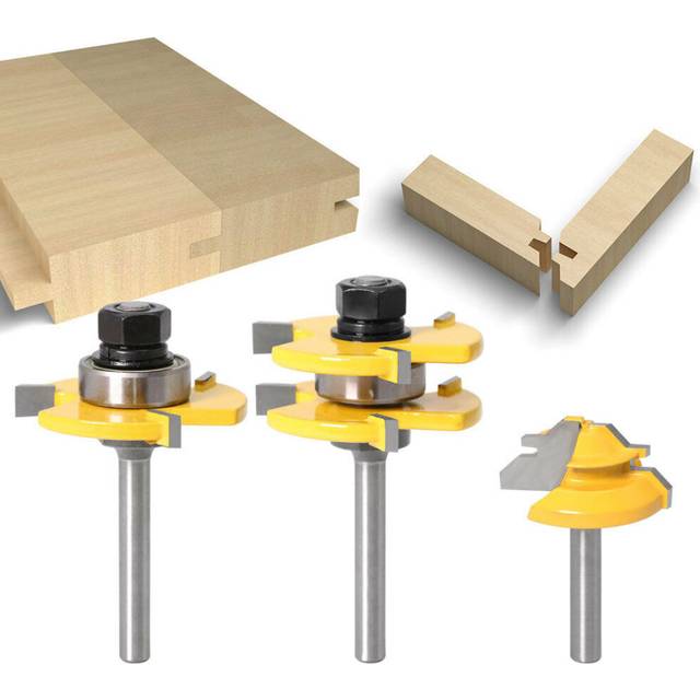 (1/4 Inch Shank) 3Pcs 6mm 1/4 Shank Tongue & Grooving Joint Router Bit 45 Degree Lock Miter Router Set Stock Wood Cutting