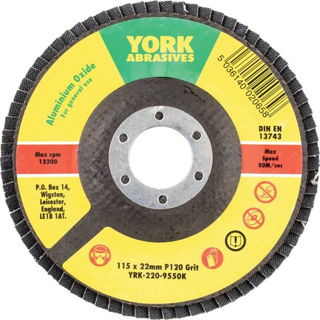 York 115 X 22MM Conical Flap Discs, Aluminium Oxide - Fibre Backed P120
