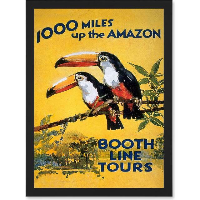 Amazon Toucan River Brazil South America Jungle Rain Forest Vintage Travel Advert Artwork Framed Wall Art Print A4 - Black - One Size