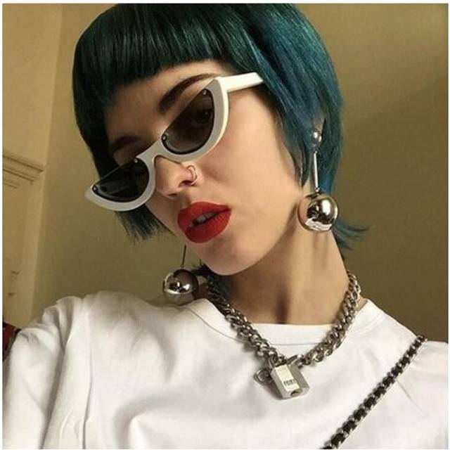 (Yellow) vintage half frame sunglasses women cat eye small black white red colorful transparent sunglasses female male uv400