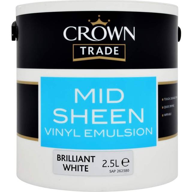 Crown Trade Mid Sheen Vinyl Emulsion, Brilliant White 2.5L, Water based emulsion , Paints, Wall and Ceiling Paints