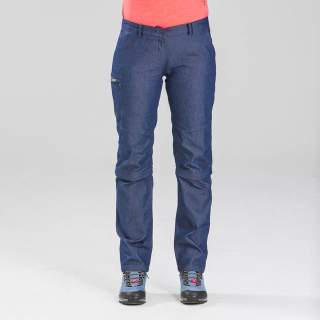 Women's Travel Trekking Zip-off Trousers - Travel 100 - Blue Denim - Navy Blue